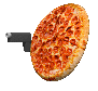Imagine a running pizza holding a gun